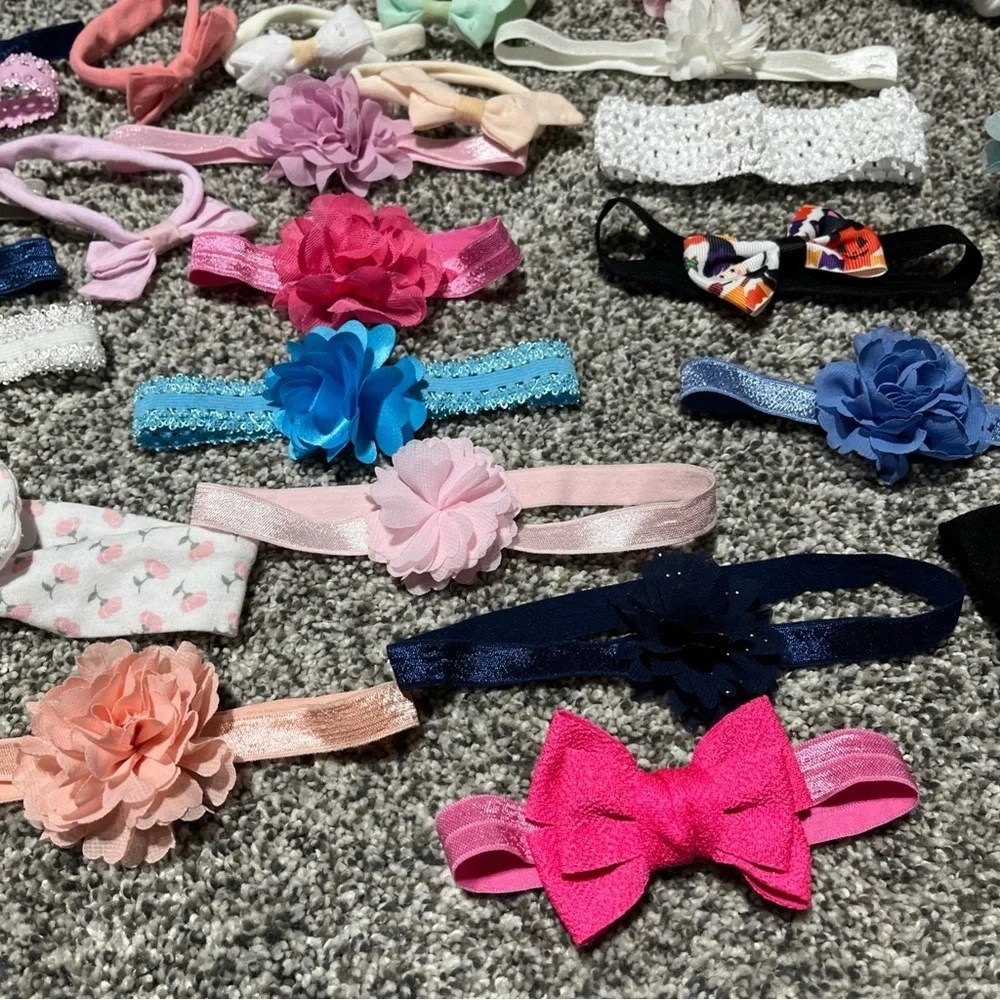 Large Lot Of 47 Baby Girl Headbands Bows & 5 Hats Infant & Toddler Stretch